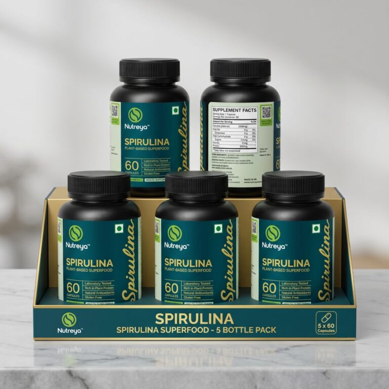 Nutreya Premium Spirulina Capsules (500mg) | Pack of 5 | Organic Plant-Based Superfood & Antioxidant Supplement | Vegan & Gluten-Free
